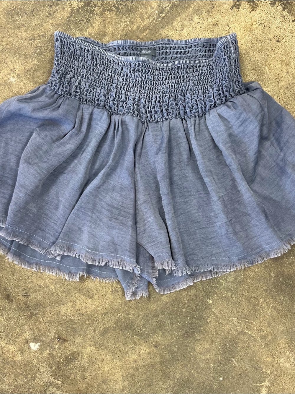 Aerie AEO Smocked Waist Ruffle Linen-Blend Shorts Skirt in Dusty Blue